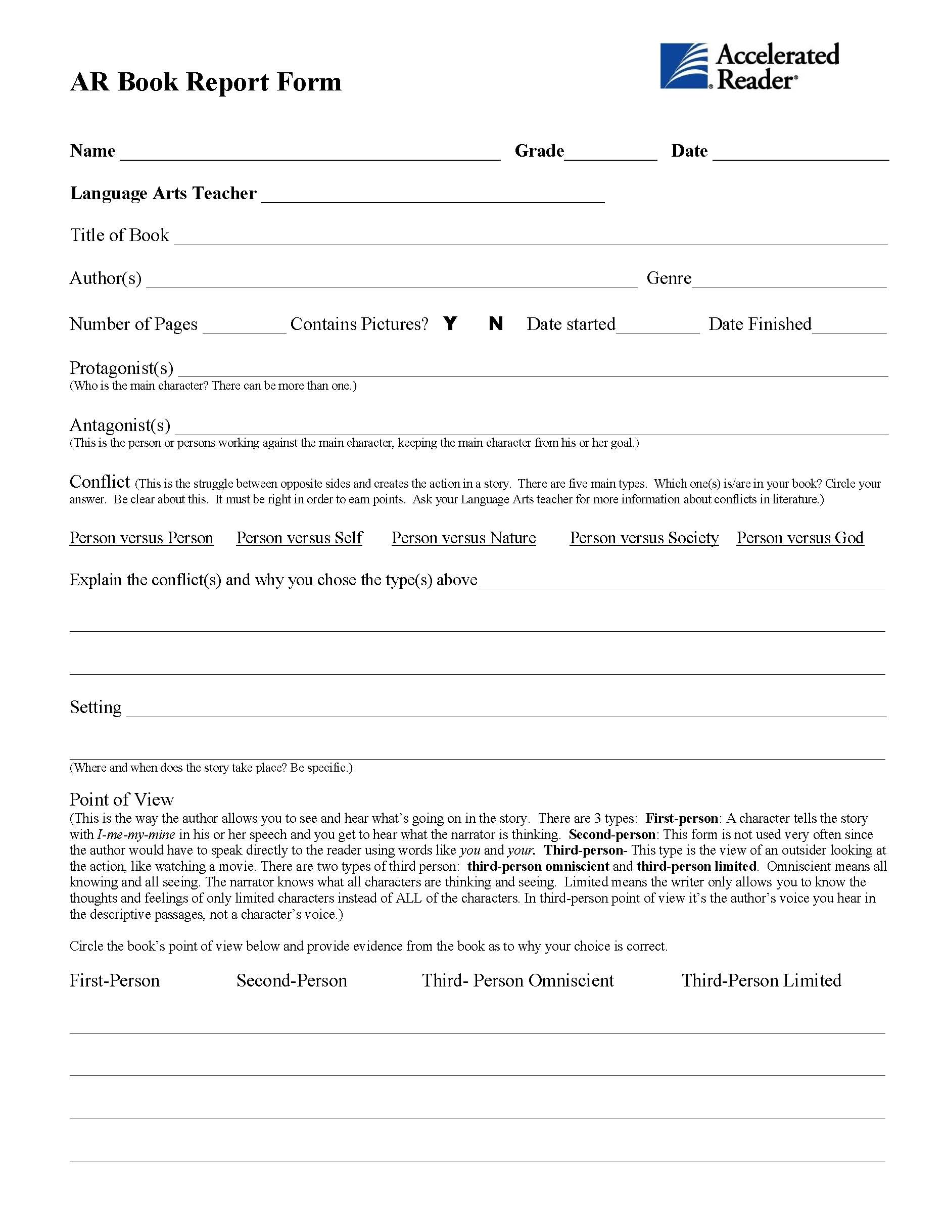 AR (Second Chance) Book Report Form for Middle & High School Students ...